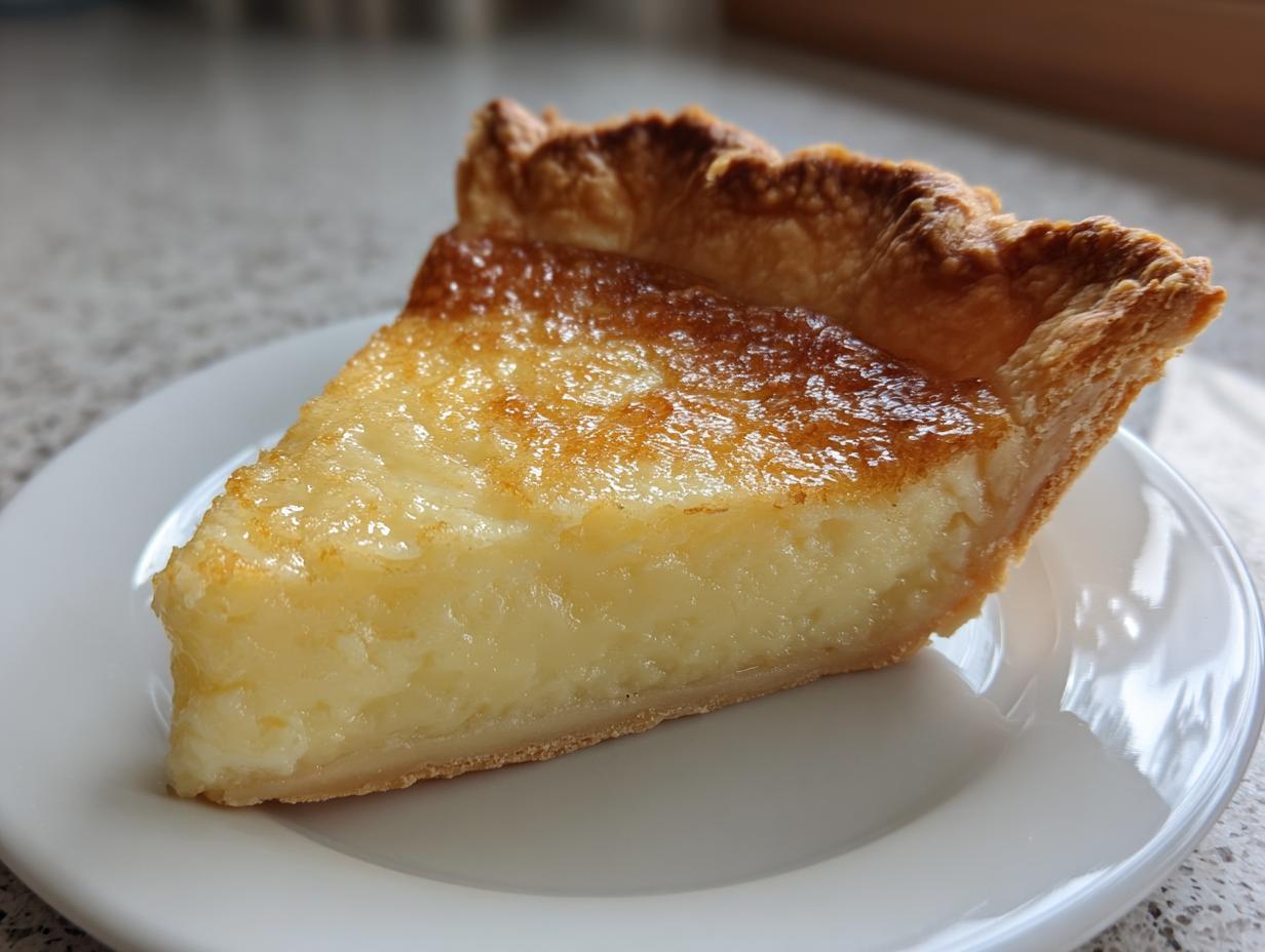 A close-up of a single slice of buttermilk pie showing the creamy, pale yellow filling and flaky, golden-brown crust.