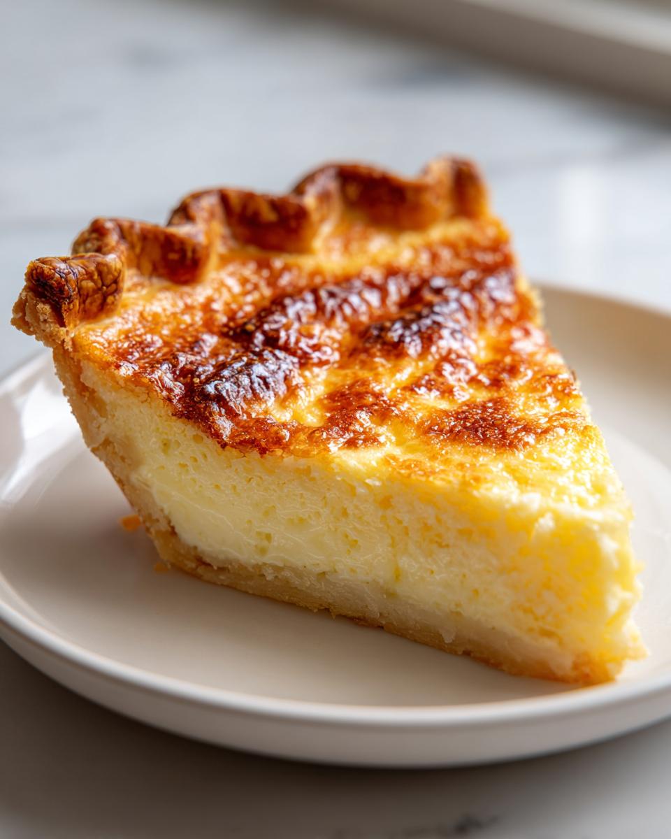 A close-up of a single slice of buttermilk pie showing the creamy filling and a beautifully browned, slightly blistered top.