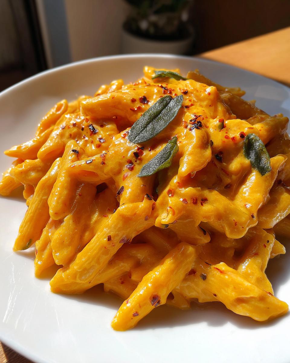 Close-up of creamy butternut squash pasta (penne) topped with fresh sage leaves and red chili flakes.