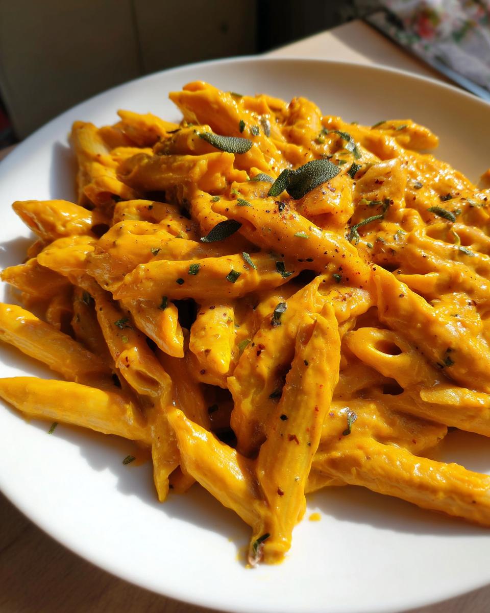 Close-up of penne pasta coated in a rich, orange butternut squash pasta sauce and topped with fresh sage leaves.