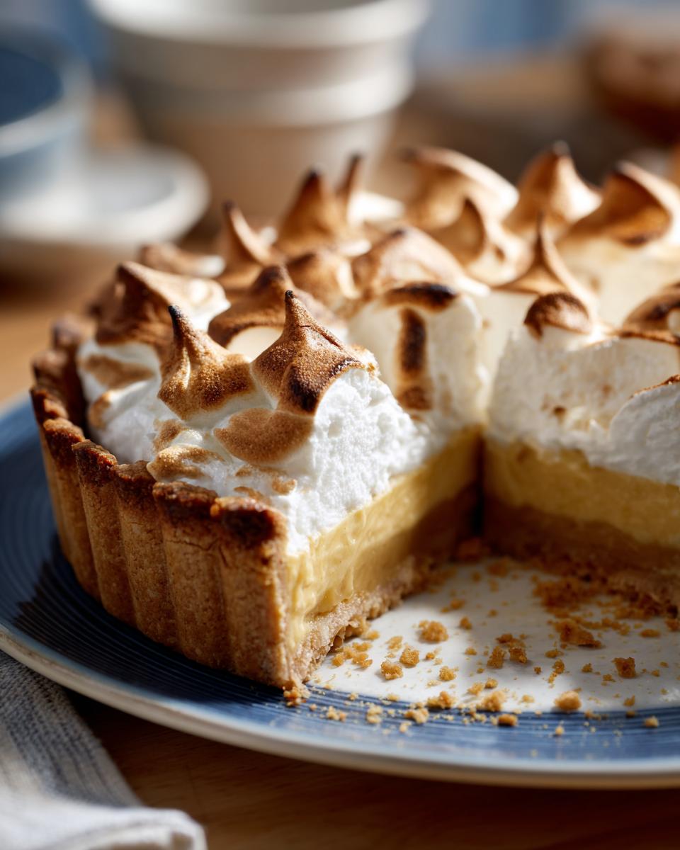 Close-up of a slice of butterscotch pie with a thick layer of perfectly toasted meringue on a blue plate.