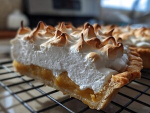 Close-up of a thick slice of butterscotch pie showing the golden filling and tall, toasted meringue topping, resting on a wire rack.