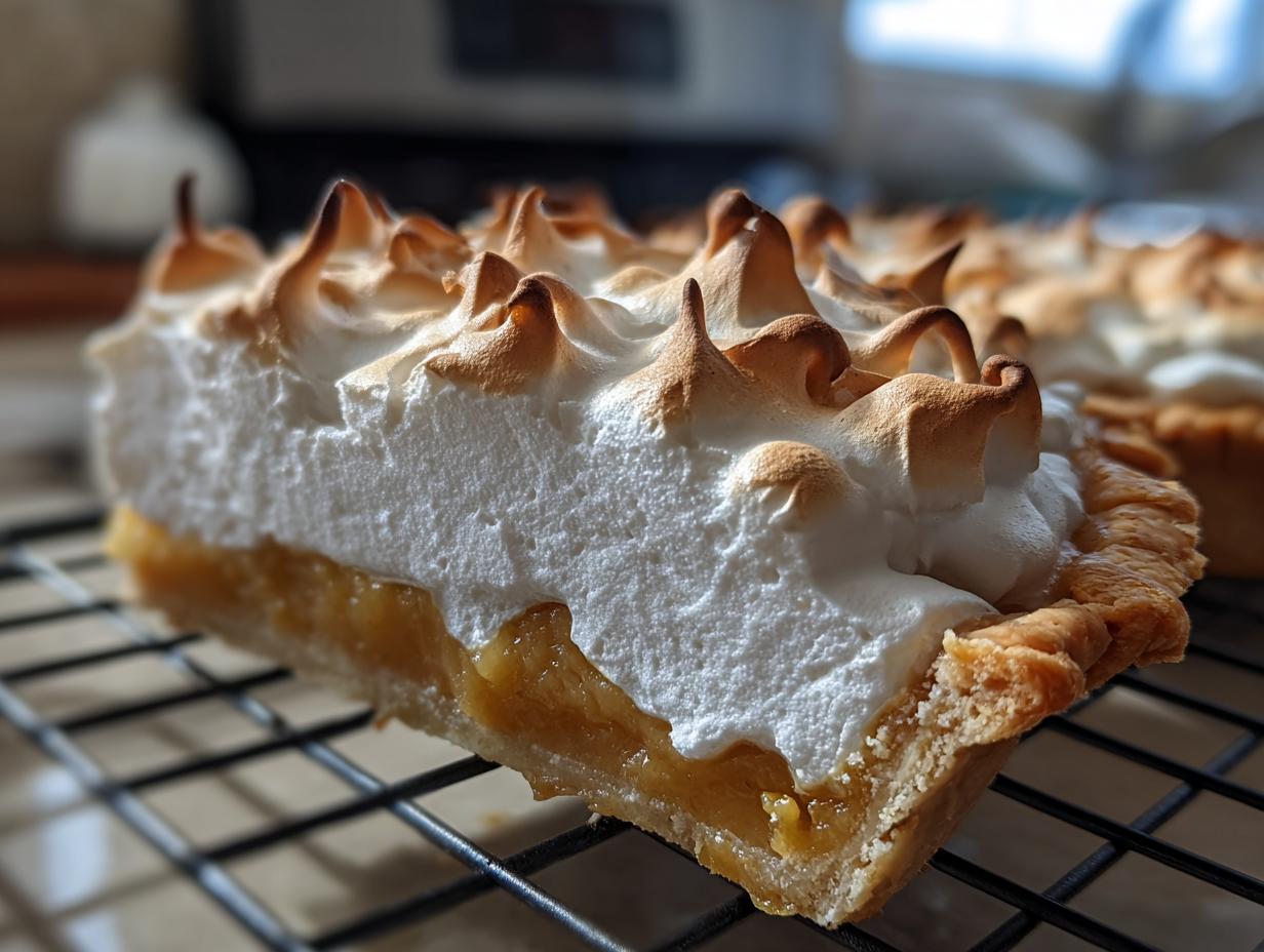 Close-up of a thick slice of butterscotch pie showing the golden filling and tall, toasted meringue topping, resting on a wire rack.