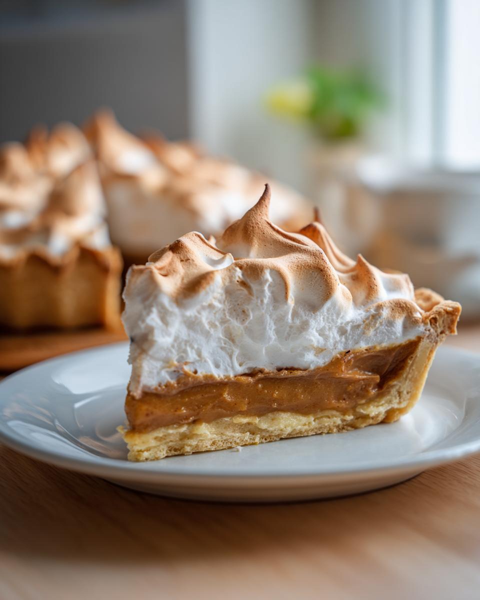 A close-up slice of divine butterscotch pie featuring a thick layer of creamy filling and a tall, toasted meringue topping.