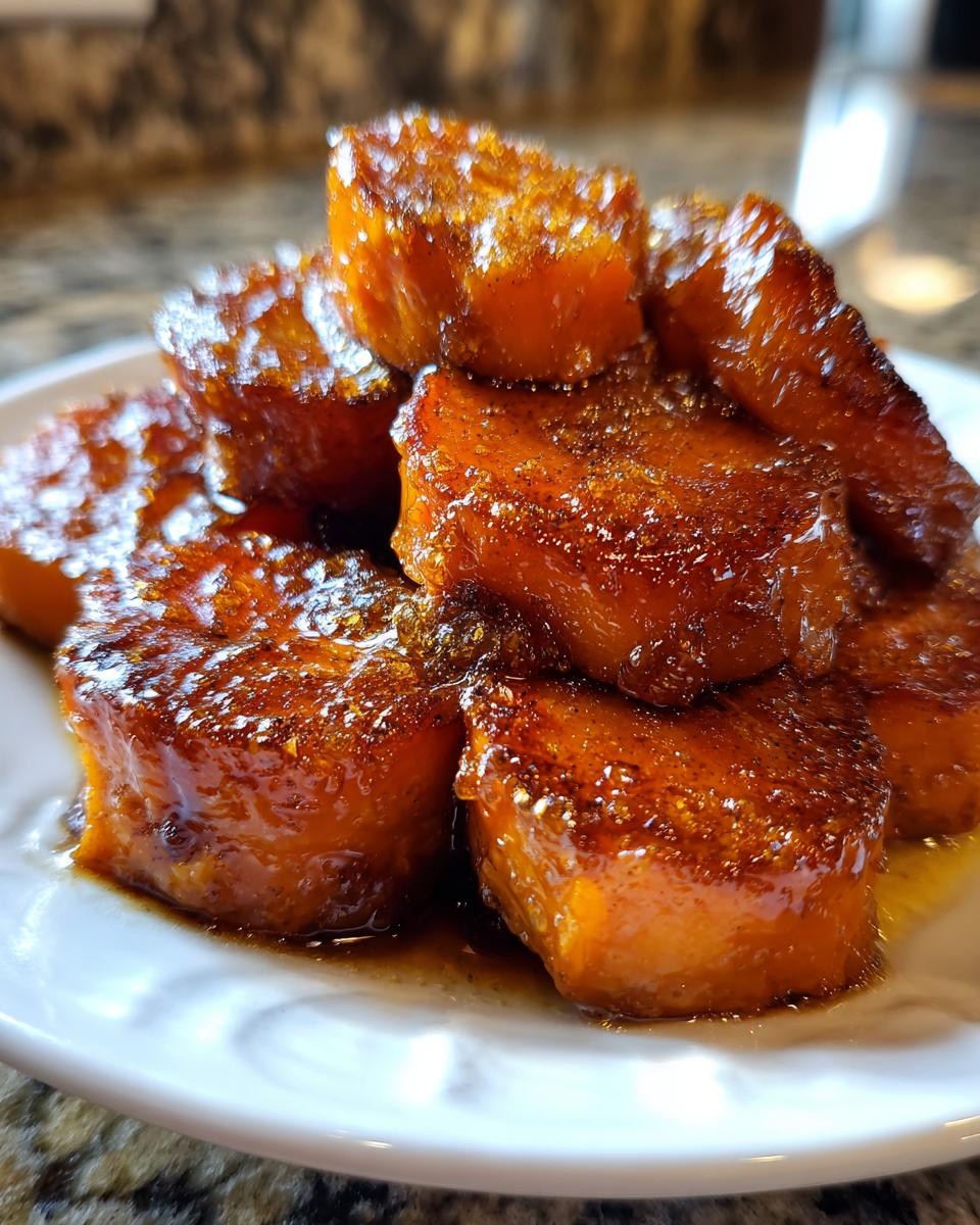 A close-up of several thick slices of candied sweet potatoes, glistening with a rich, dark glaze.