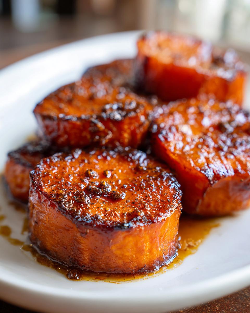 Close-up of thick-cut candied sweet potatoes, glistening with a dark brown sugar glaze, served on a white plate.
