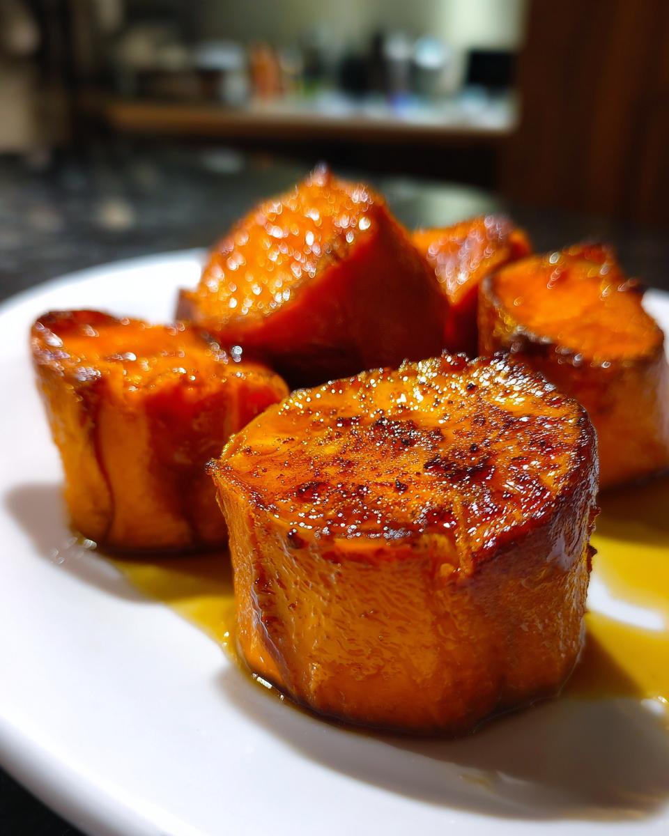 Four thick slices of glossy, caramelized candied sweet potatoes sitting in syrup on a white plate.