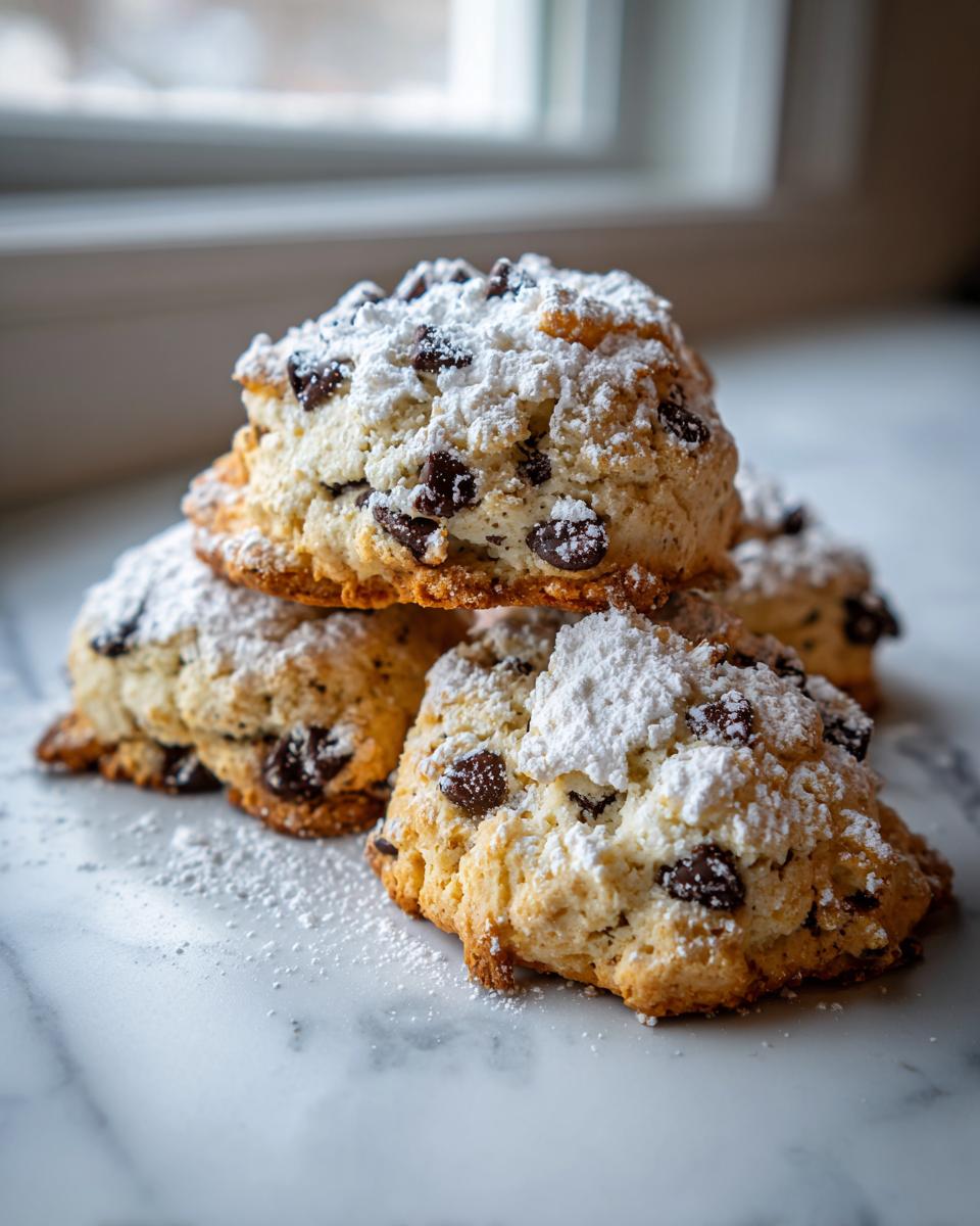 A stack of freshly baked cannoli cookies filled with chocolate chips and dusted heavily with powdered sugar.