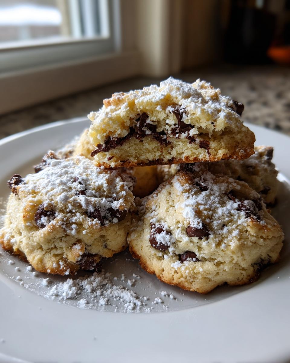 A stack of freshly baked cannoli cookies dusted heavily with powdered sugar, showing the chocolate chips inside.