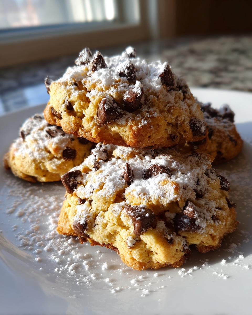 A stack of golden brown cannoli cookies loaded with chocolate chips and heavily dusted with powdered sugar.