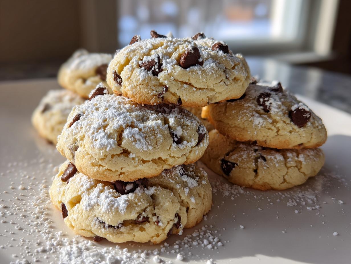 A stack of soft, golden cannoli cookies studded with chocolate chips and dusted heavily with powdered sugar.