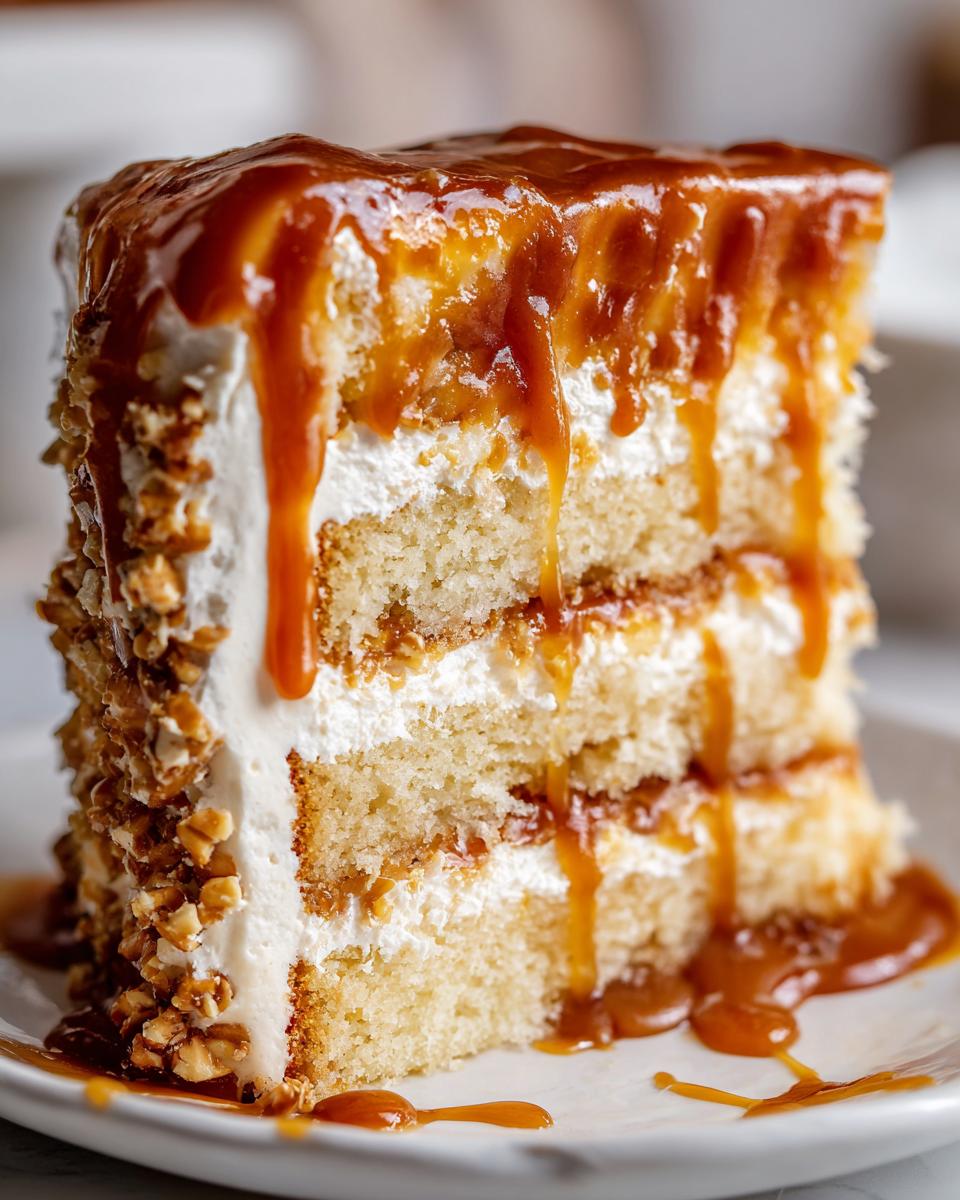 Close-up of a slice of caramel crunch cake with three layers, white frosting, and thick caramel sauce dripping down the sides.