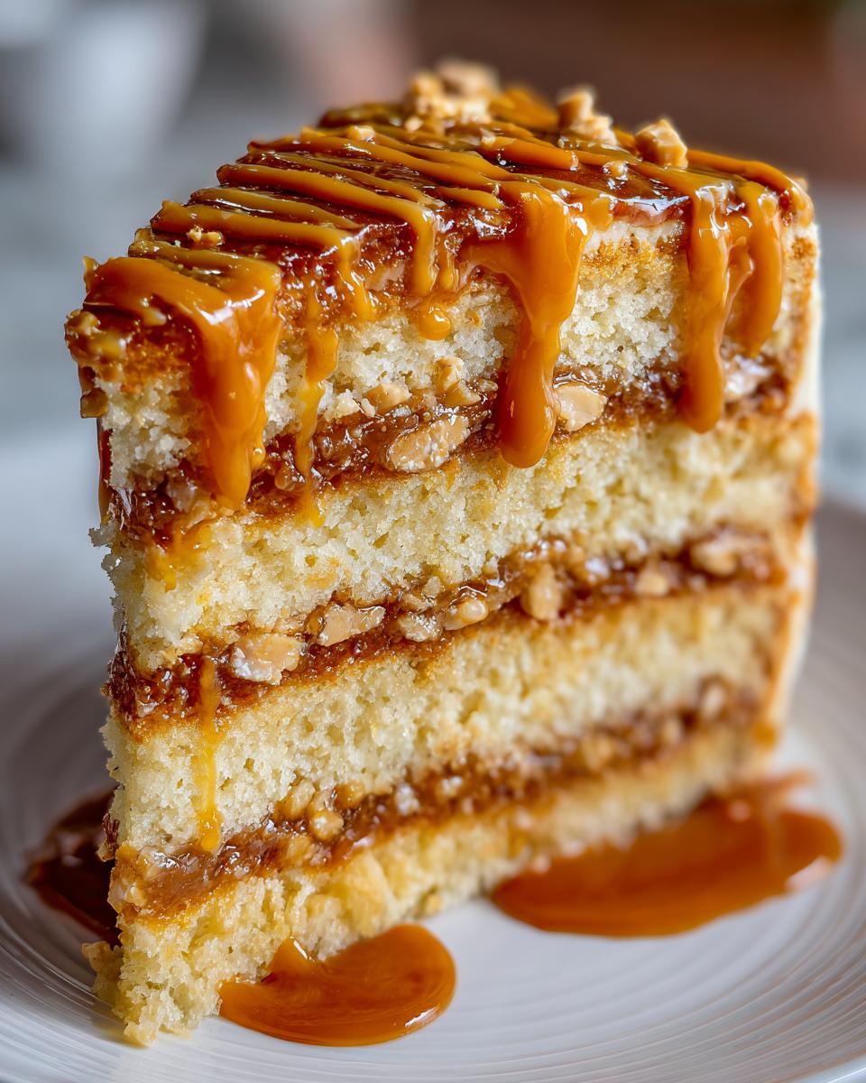 Close-up of a tall slice of caramel crunch cake showing multiple layers of cake, nuts, and thick caramel drizzle.