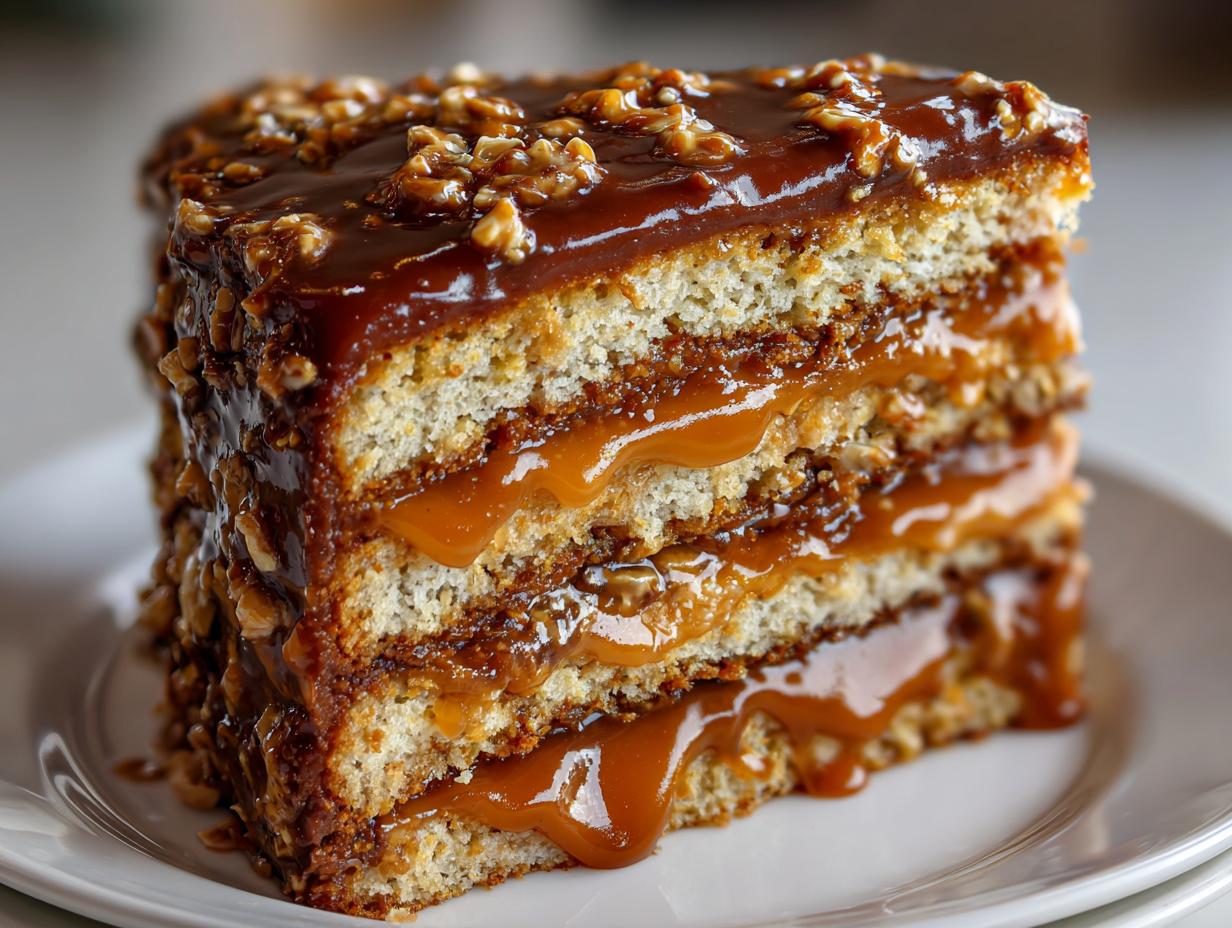 Close-up of a thick slice of caramel crunch cake showing multiple layers of cake and oozing caramel filling.