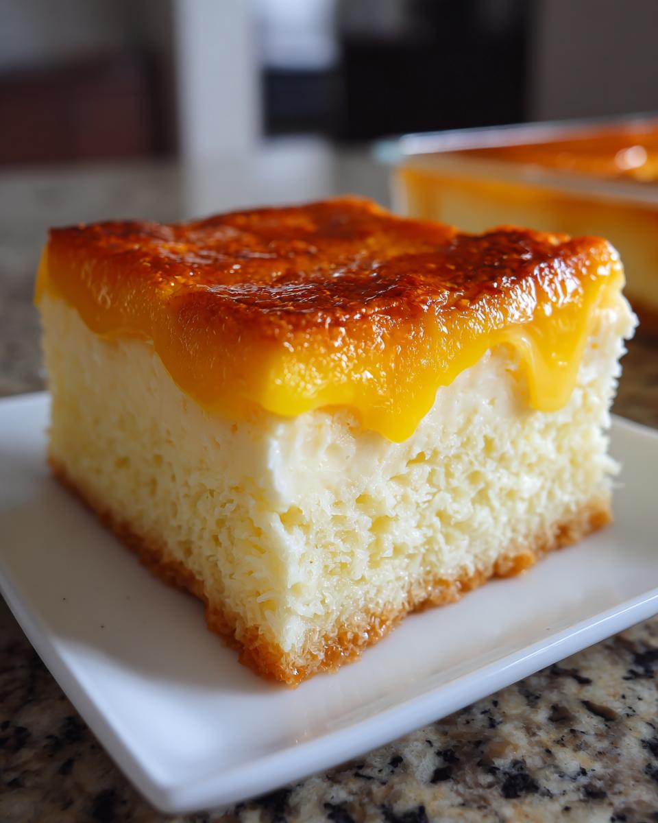 A close-up of a square slice of moist cassava cake with a creamy white layer and a glossy, caramelized orange topping.
