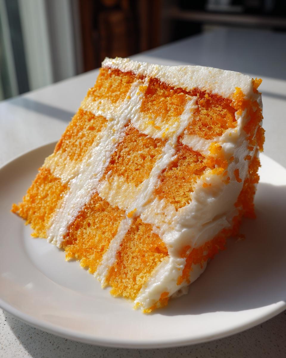 A slice of bright orange and white checkerboard Creamsicle Cake with thick white frosting, sitting on a white plate.