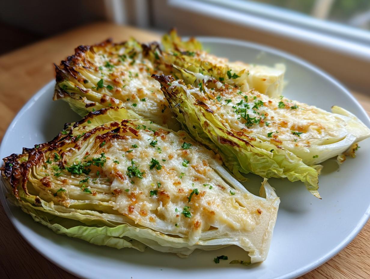 Four wedges of baked cabbage recipe topped with melted, browned cheese and fresh parsley on a white plate.