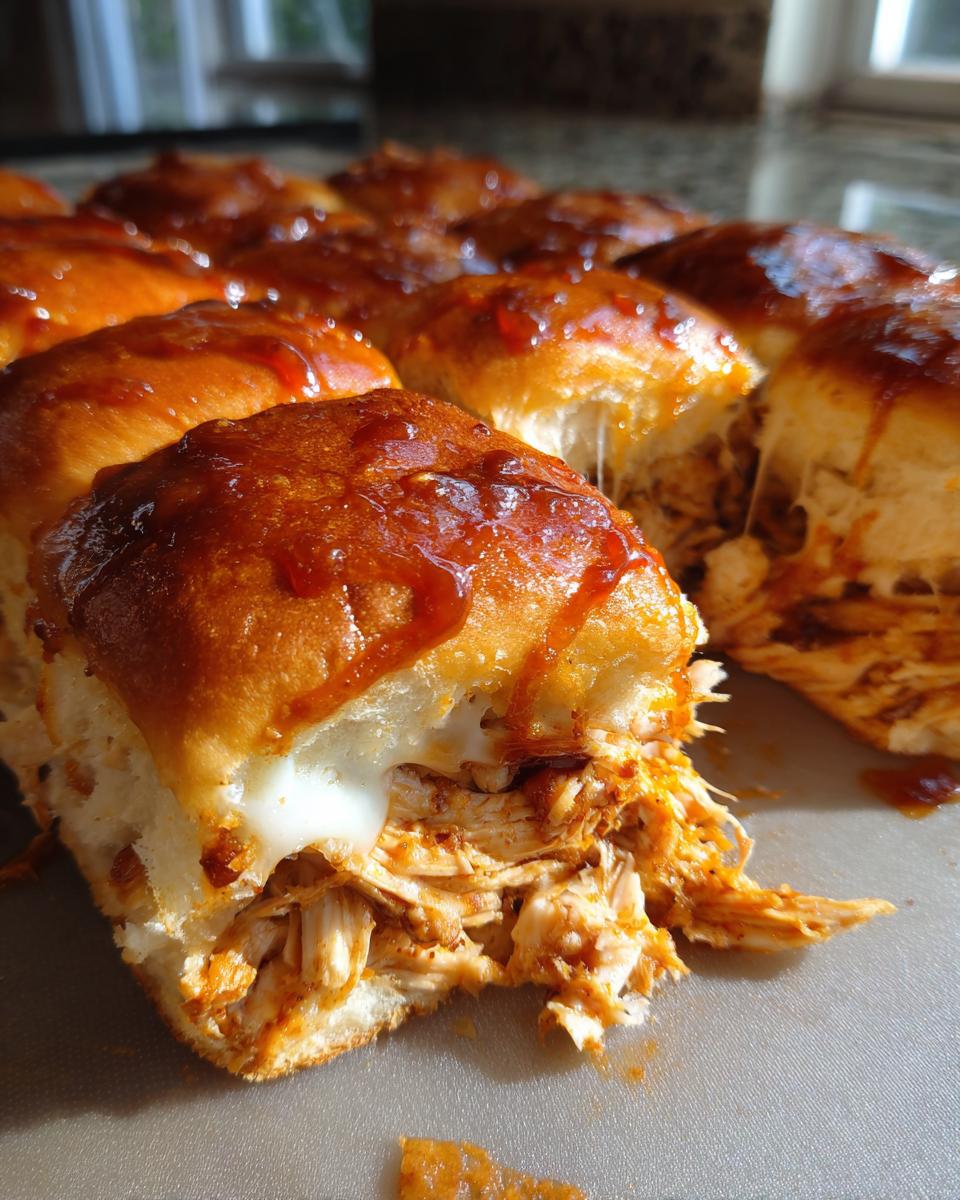 A close-up view of one of the amazing bbq chicken sliders pulled apart, showing melted cheese and shredded chicken filling.