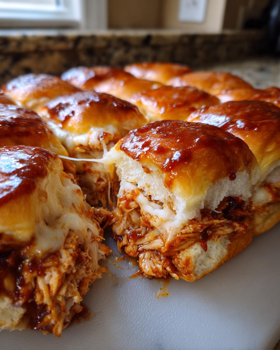 Close-up of cheesy bbq chicken sliders with melted cheese stretching as one is pulled apart.