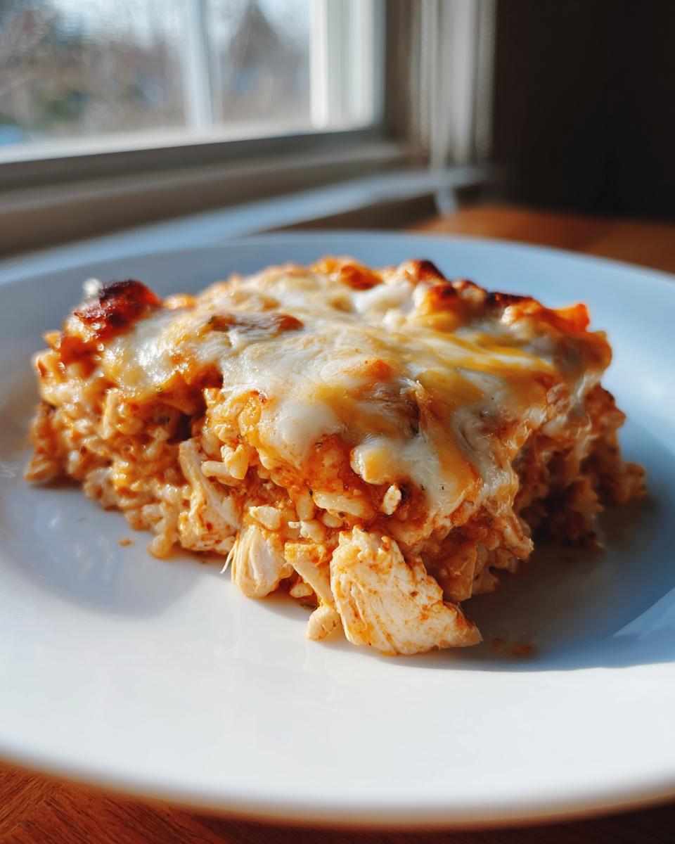 A square serving of cheesy, baked burrito bake with shredded chicken and rice on a white plate.