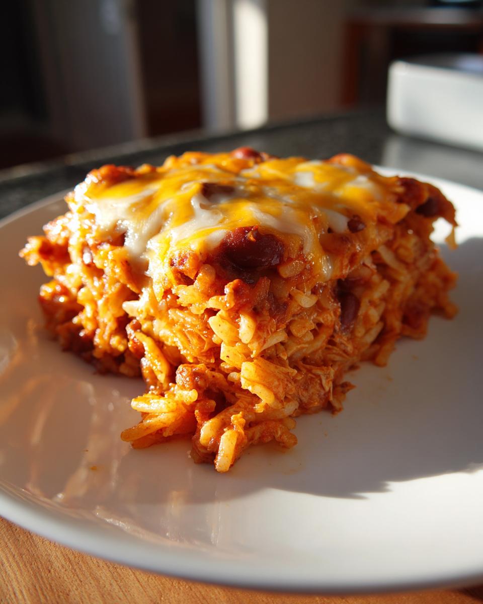 A square serving of cheesy burrito bake, featuring rice, sauce, and melted cheddar and Monterey Jack cheese on top.