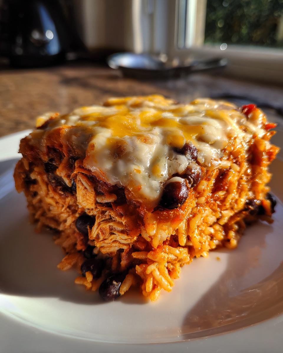 Close-up of a square serving of cheesy burrito bake with rice and black beans, lit by sunlight.
