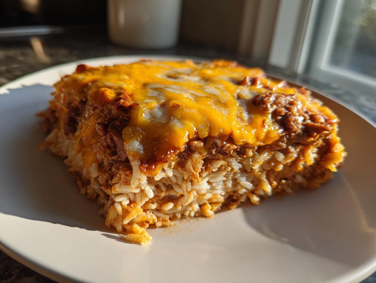 A square serving of cheesy burrito bake featuring layers of rice and seasoned meat, topped with melted cheddar cheese.