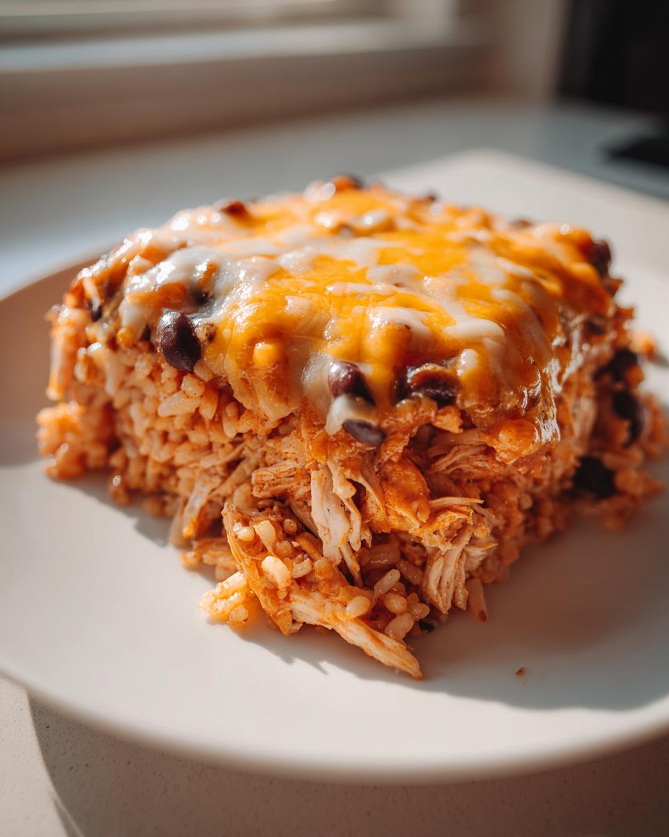 Close-up of a serving of cheesy chicken burrito bake, featuring shredded chicken, rice, black beans, and melted cheddar cheese.