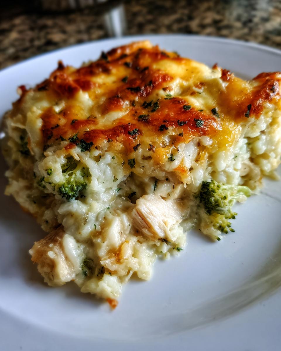 A close-up of a serving of cheesy chicken cauliflower rice casserole with visible broccoli florets and a golden-brown topping.