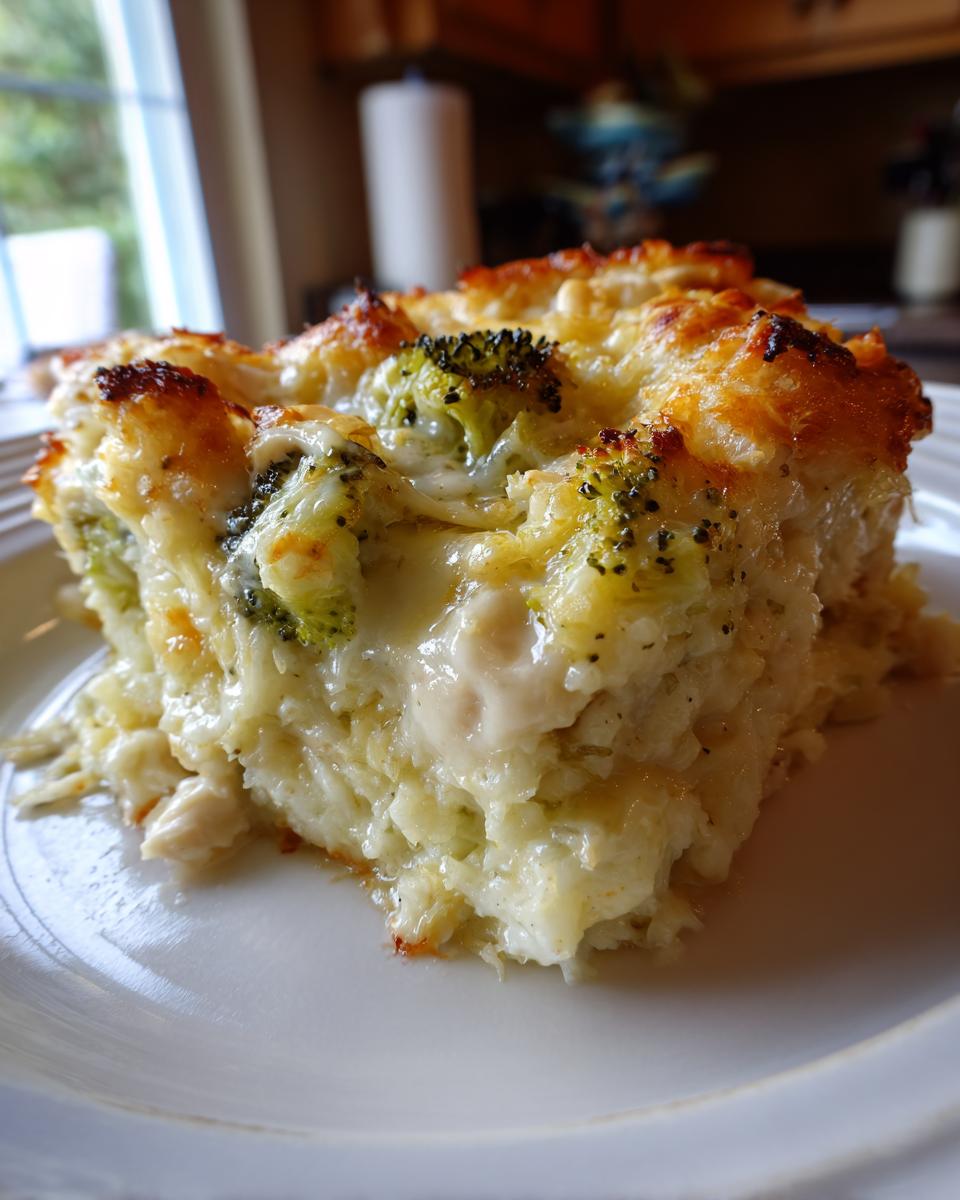 A close-up of a cheesy slice of chicken cauliflower rice casserole topped with melted cheese and broccoli florets.