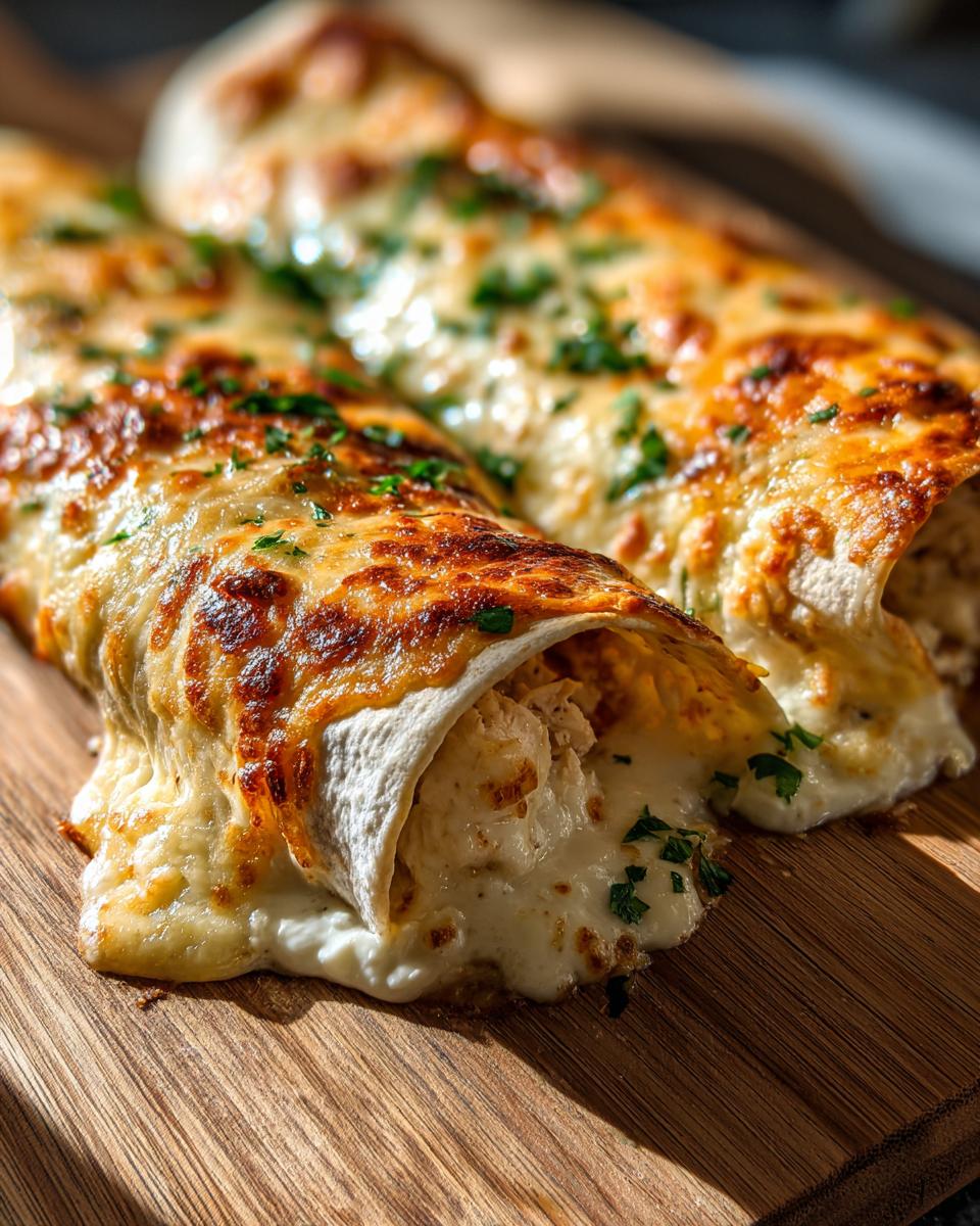 Two baked chicken enchiladas covered in melted, golden-brown cheese and fresh parsley on a wooden board.