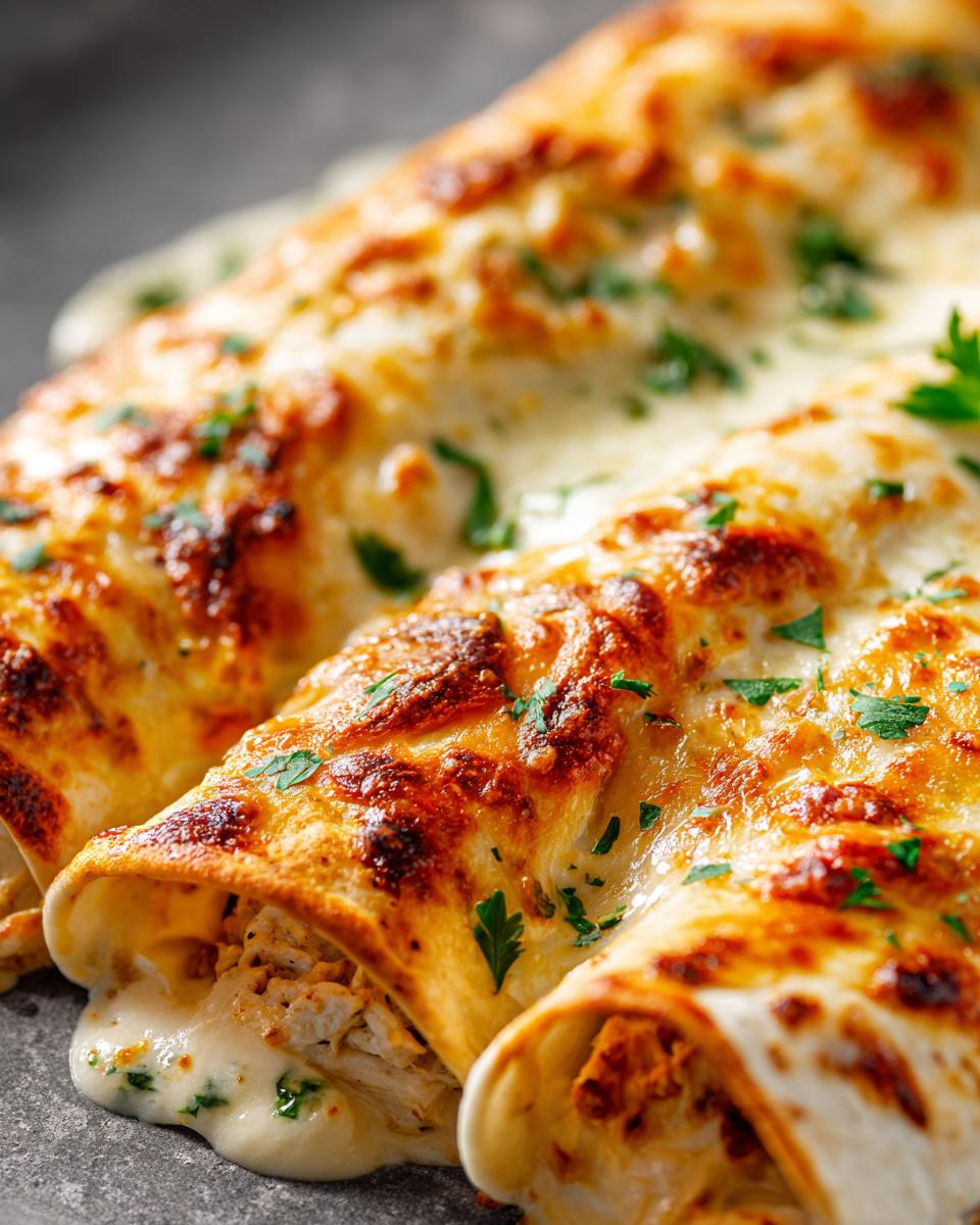 Close-up of baked chicken enchiladas covered in melted, browned cheese and white sauce, garnished with parsley.