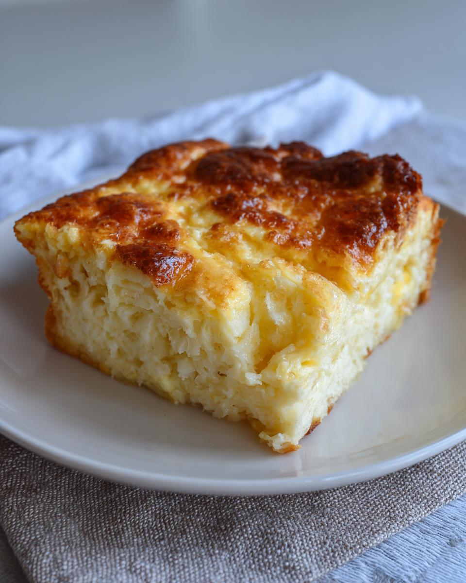 A square slice of fluffy, cheesy egg bake with a golden-brown, slightly caramelized top, served on a white plate.