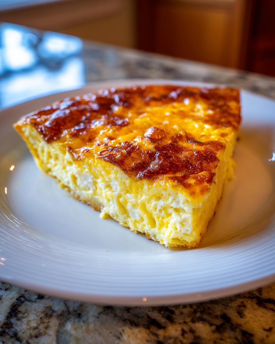 A close-up of a square slice of cheesy egg bake with a deeply browned, golden top, served on a white plate.