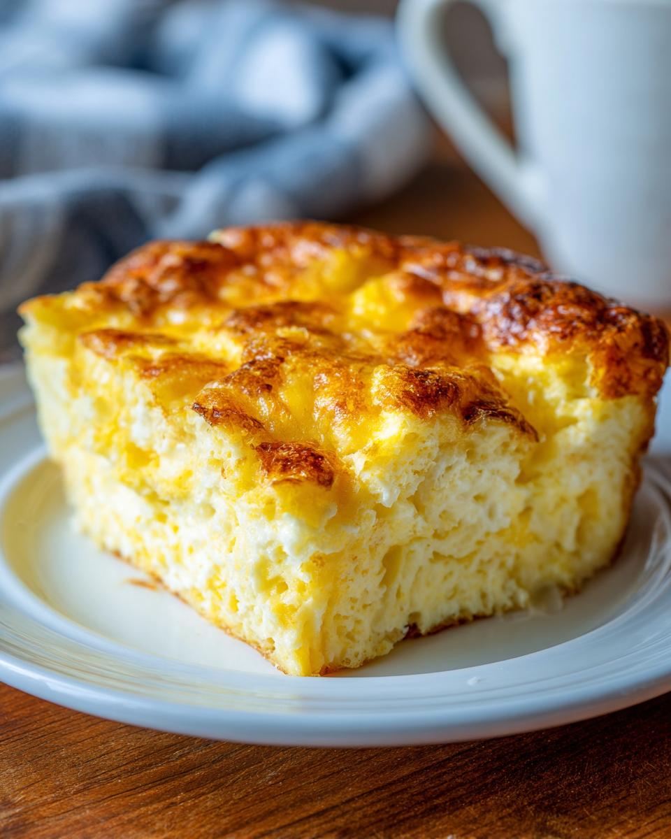 A close-up of a fluffy, golden-brown slice of cheesy egg bake served on a white plate.