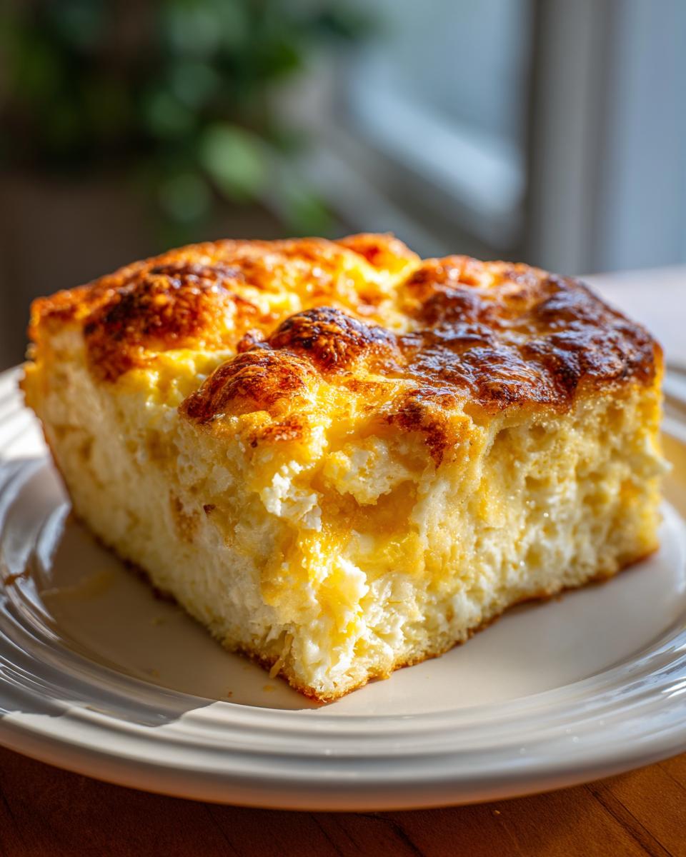 A square slice of cheesy egg bake with a deeply browned, bubbly top, served on a light plate.