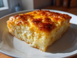 A square slice of cheesy egg bake with a beautifully browned, bubbly top, served on a white plate.