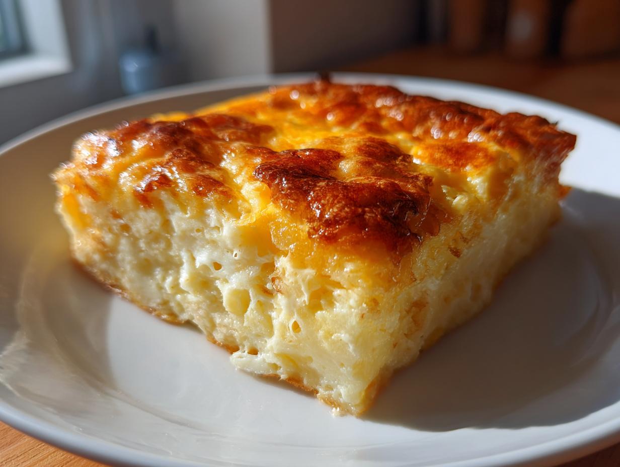 A square slice of cheesy egg bake with a beautifully browned, bubbly top, served on a white plate.