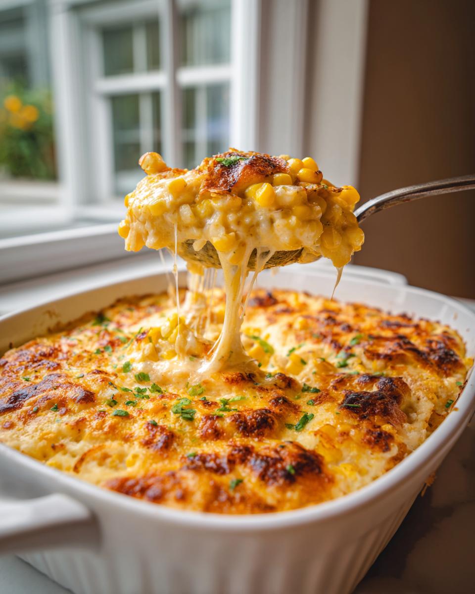 A spoonful of cheesy, creamy elote dip is lifted from a white baking dish, showing long cheese pulls.