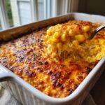 A spoonful of creamy, cheesy elote dip being lifted from a baked casserole dish with a golden-brown crust.