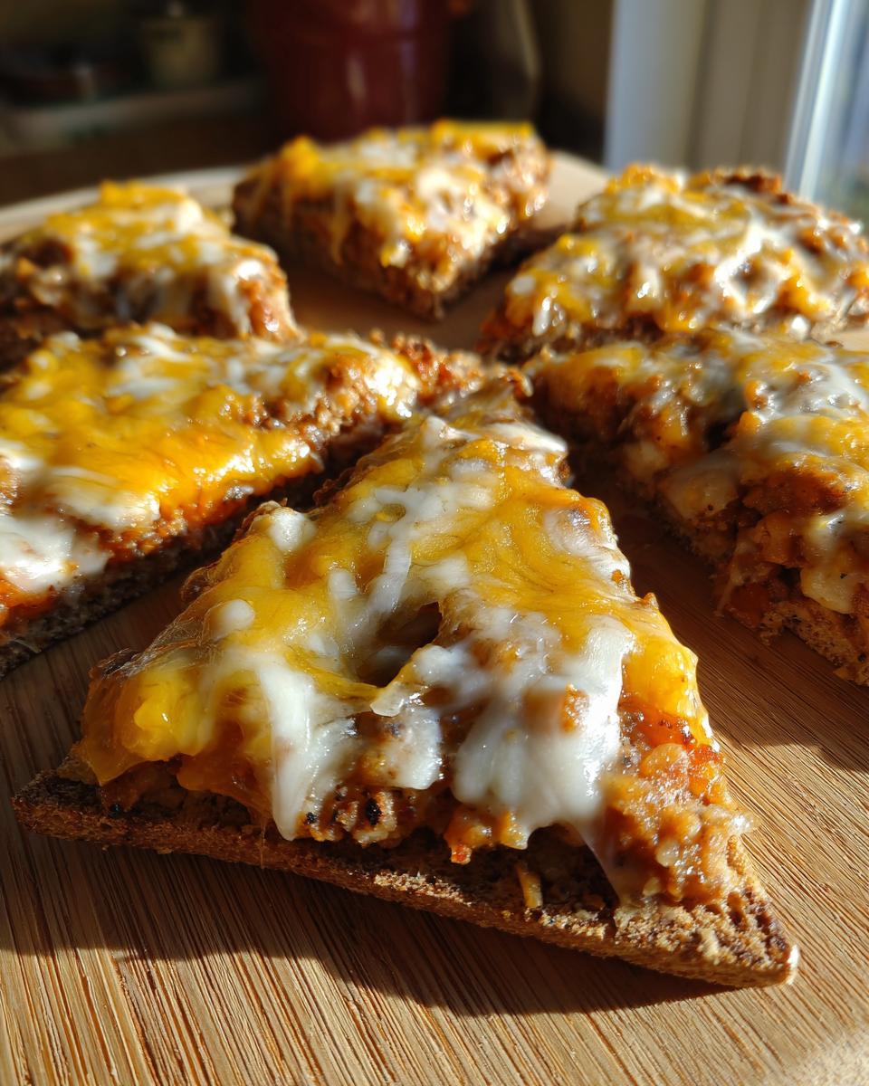 Close-up of several savory bites from the hanky panky recipe, topped with melted cheddar and mozzarella cheese.