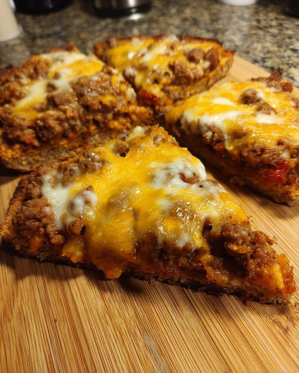 Four slices of the hanky panky recipe, featuring a savory meat mixture topped with melted cheddar and mozzarella cheese, served on wood.