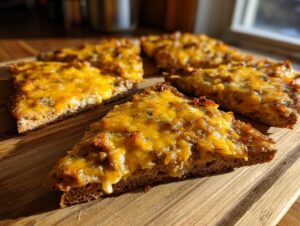 Close-up of several triangular slices of hanky panky recipe topped with melted cheddar cheese, served on a wooden cutting board.