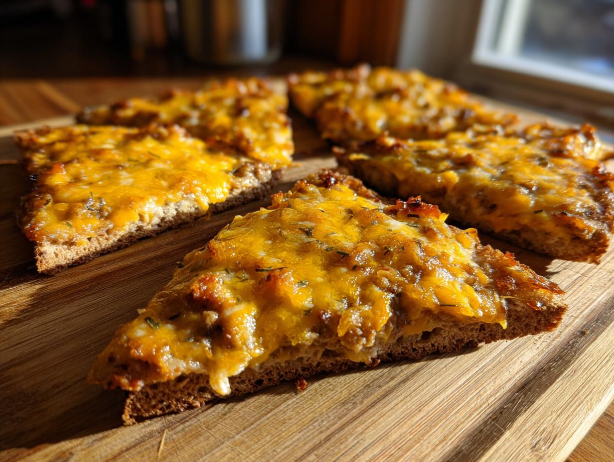 Close-up of several triangular slices of hanky panky recipe topped with melted cheddar cheese, served on a wooden cutting board.