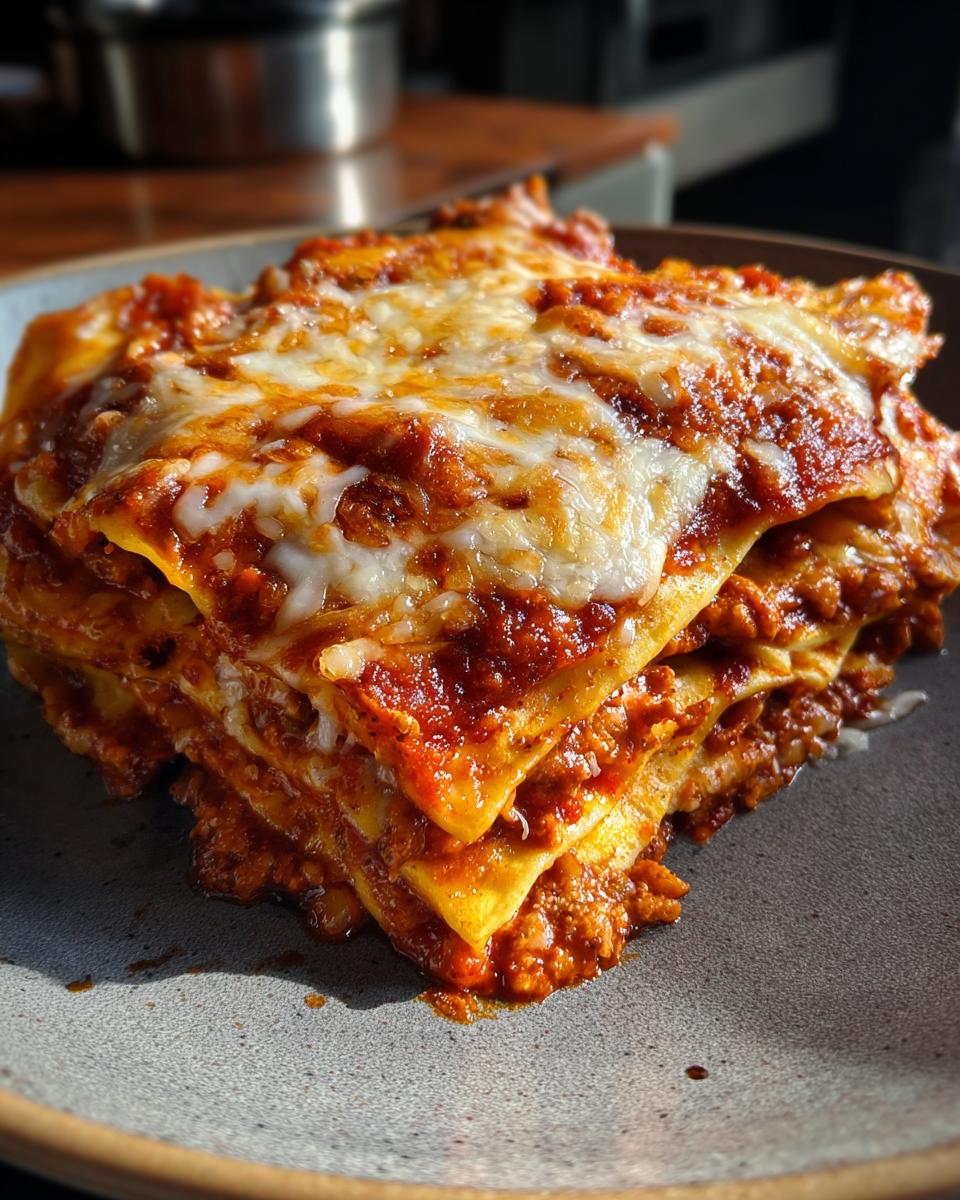 A close-up of a rich, layered slice of baked pasta covered in red sauce and melted cheese, despite the article being about cheese enchiladas.