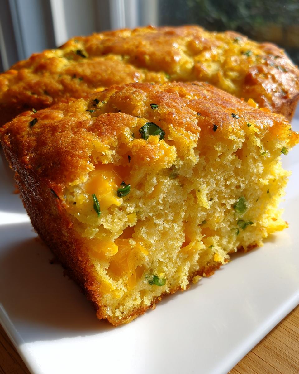 Close-up of a moist slice of Mexican cornbread showing melted cheddar cheese and green flecks of chiles.