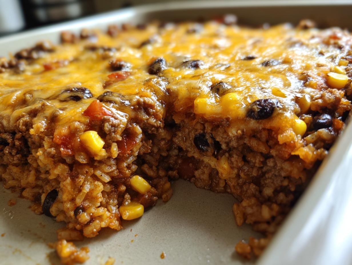 Close-up of a cheesy mexican rice casserole showing layers of seasoned rice, ground beef, corn, and black beans, topped with melted cheddar cheese.