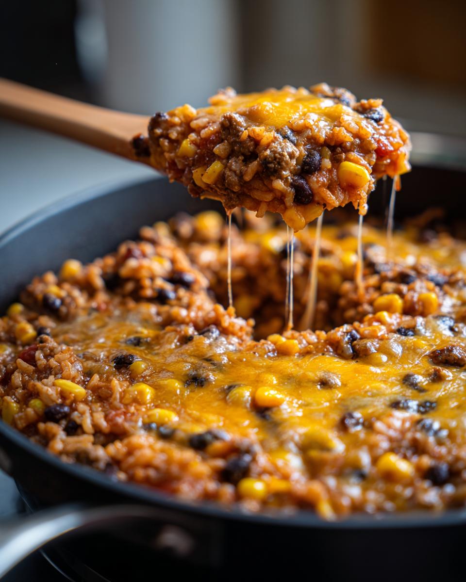 A wooden spoon lifting a cheesy scoop of Mexican rice casserole, showing melted cheese strings.