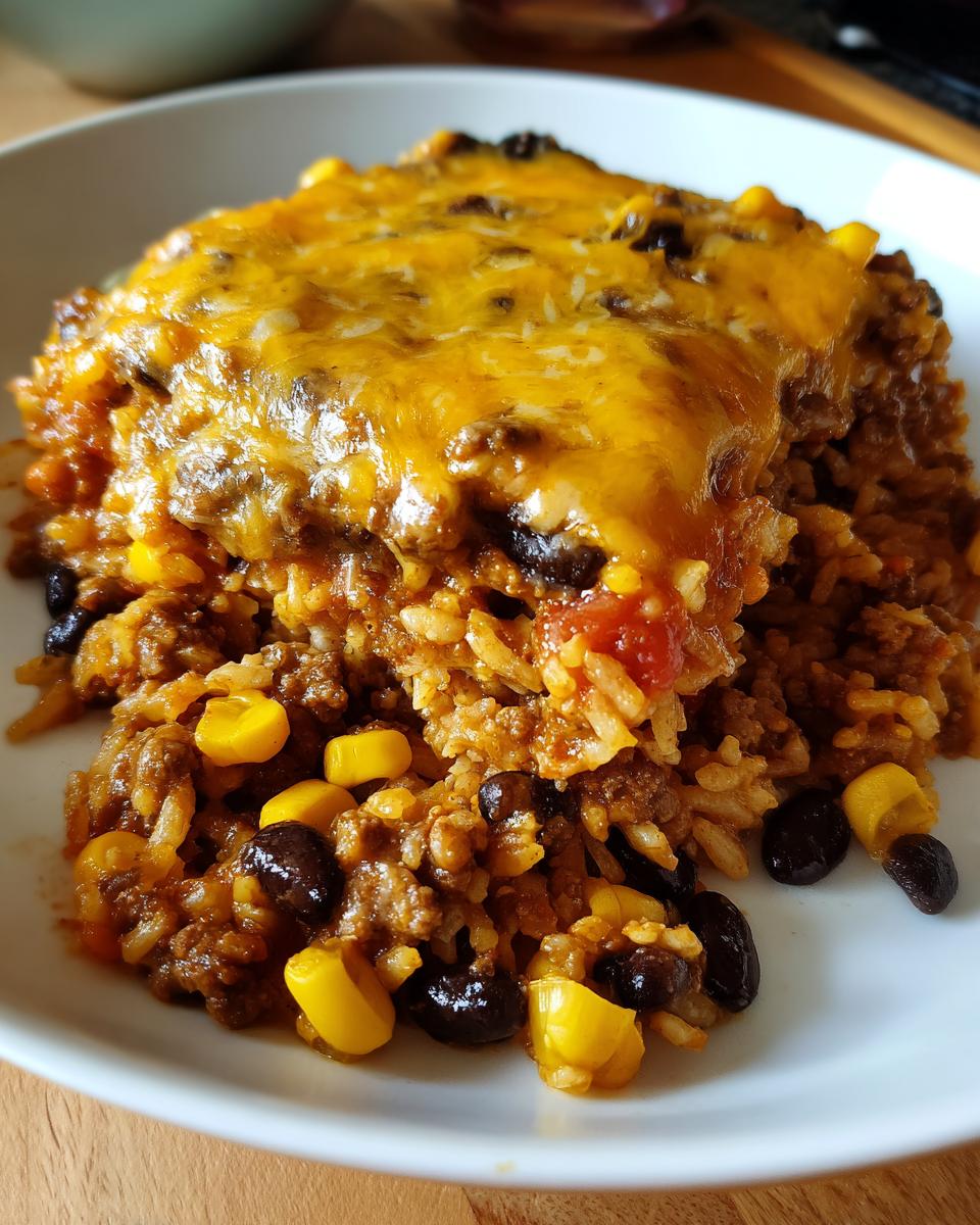 A close-up of a serving of cheesy mexican rice casserole topped with melted cheddar cheese, black beans, and corn.