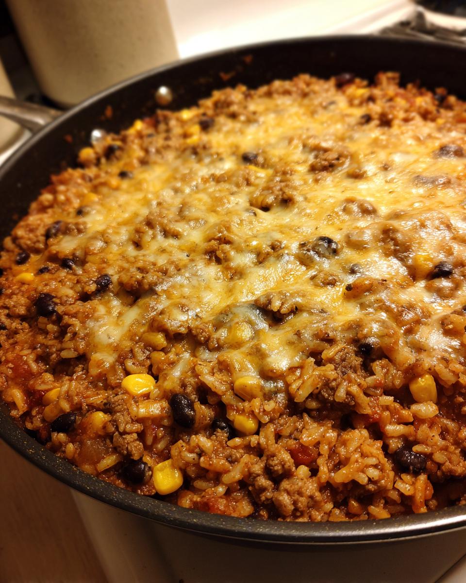 Close-up of a cheesy mexican rice casserole cooked in a skillet, featuring ground meat, black beans, and corn.